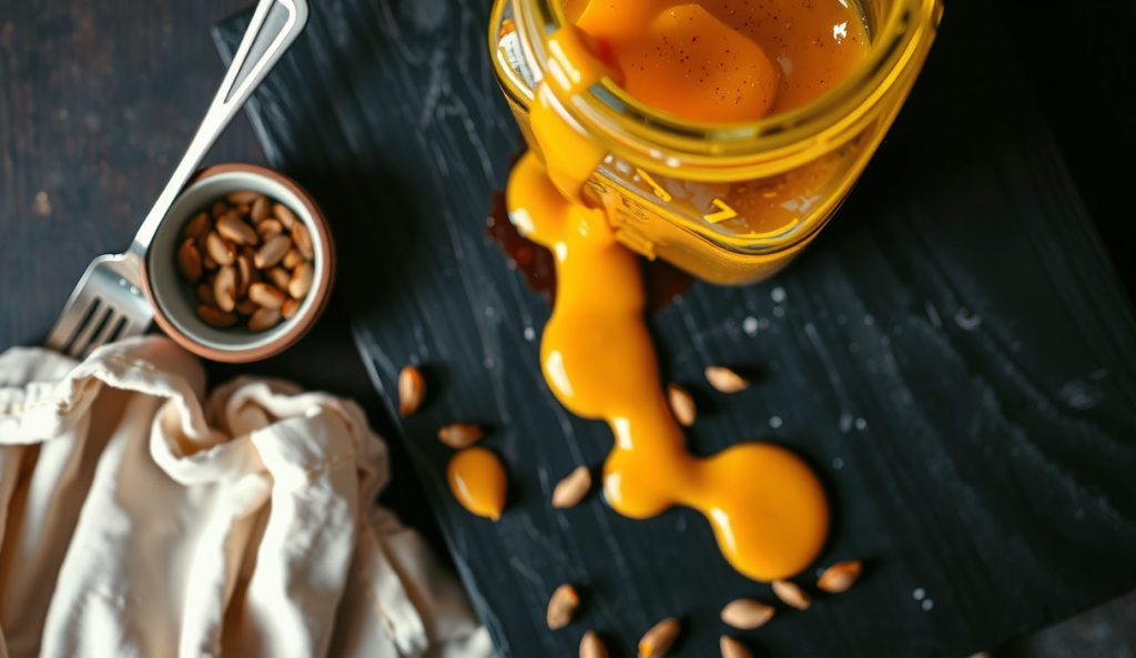 Golden Carolina-style keto mustard BBQ sauce pouring from a mason jar onto dark slate, showing vivid yellow Dijon color, glossy allulose sheen, and mustard seed texture — no tomato in sight.