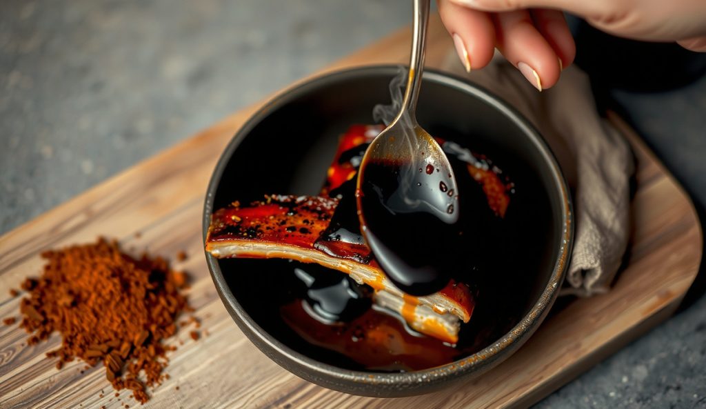 Keto chipotle-espresso BBQ sauce in a dark ceramic bowl, near-black in color, with a minced chipotle and espresso powder staged alongside, sauce being spooned over charred pork ribs — layered smoke, bitter depth, and heat all visible in the dark glaze.