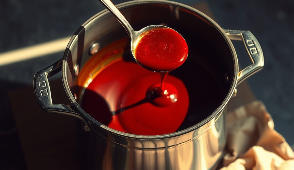Competition-batch keto allulose BBQ sauce at one-gallon scale in a wide stainless rondeau pot, deep mahogany sauce at a simmer with a ladle showing perfect glossy competition viscosity, xanthan gum and quart containers staged alongside.