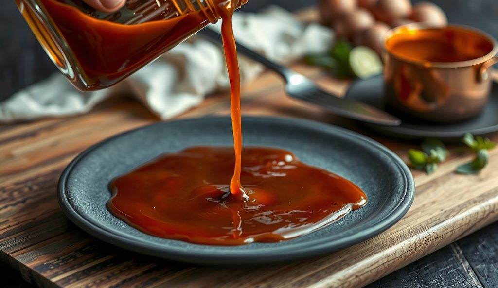 Keto BBQ sauce being poured from a mason jar onto a dark stoneware plate, showing a thick glossy amber ribbon with a clingy consistency, steam rising, and caramelized sauce residue visible in a copper saucepan behind