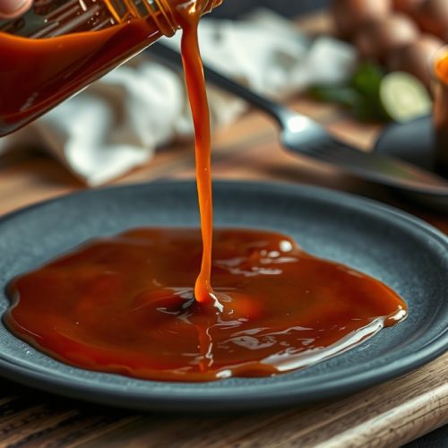 Keto BBQ sauce being poured from a mason jar onto a dark stoneware plate, showing a thick glossy amber ribbon with a clingy consistency, steam rising, and caramelized sauce residue visible in a copper saucepan behind