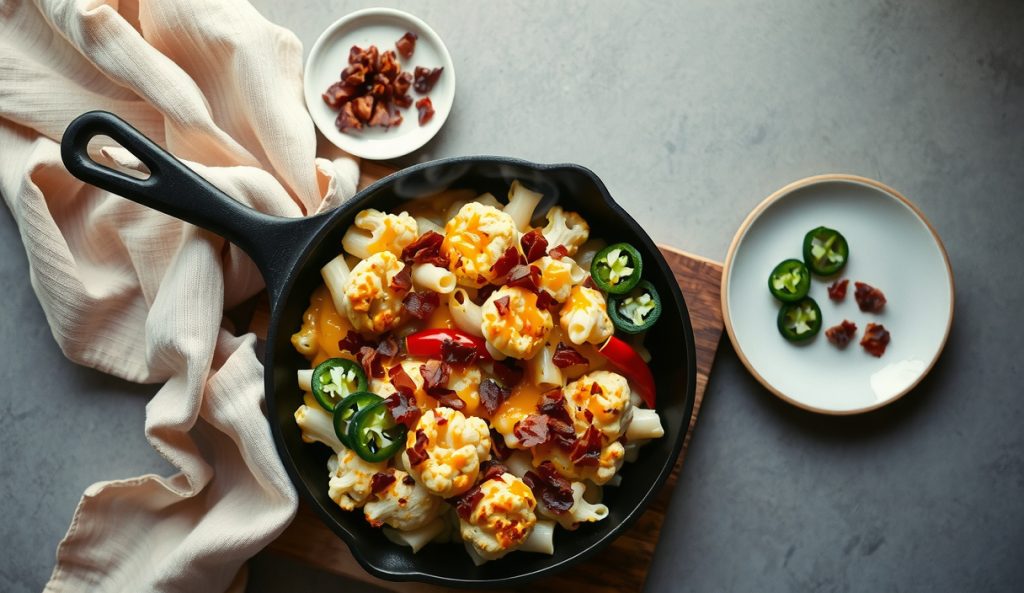 Keto smoked cauliflower mac and cheese with bacon and jalapeño, golden cheese crust visibly studded with crumbled bacon bits and bright green jalapeño rounds in a cast iron skillet, extra bacon and sliced jalapeños staged alongside.