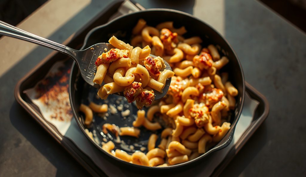 Crowd-scale keto smoked cauliflower mac and cheese in a large half-size hotel pan, golden crust spanning the full surface with a spatula lifting a serving revealing creamy interior, light smoke still rising — scaled for a crowd without extra smoke time.