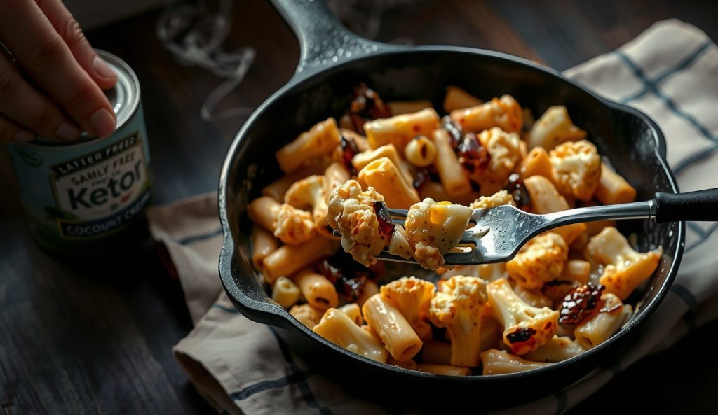 Dairy-free keto smoked cauliflower mac and cheese in a cast iron skillet with a pale golden cashew-cheese crust, full-fat coconut cream tin and cashew shreds staged alongside — no dairy in sight, smoke wisps rising from the surface.