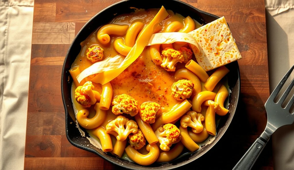 Keto smoked cauliflower mac and cheese in a cast iron skillet with a Maillard-browned bubbly cheddar crust, cauliflower florets visible beneath the glossy cheese emulsion, steam rising from the hot surface