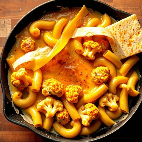 Keto smoked cauliflower mac and cheese in a cast iron skillet with a Maillard-browned bubbly cheddar crust, cauliflower florets visible beneath the glossy cheese emulsion, steam rising from the hot surface