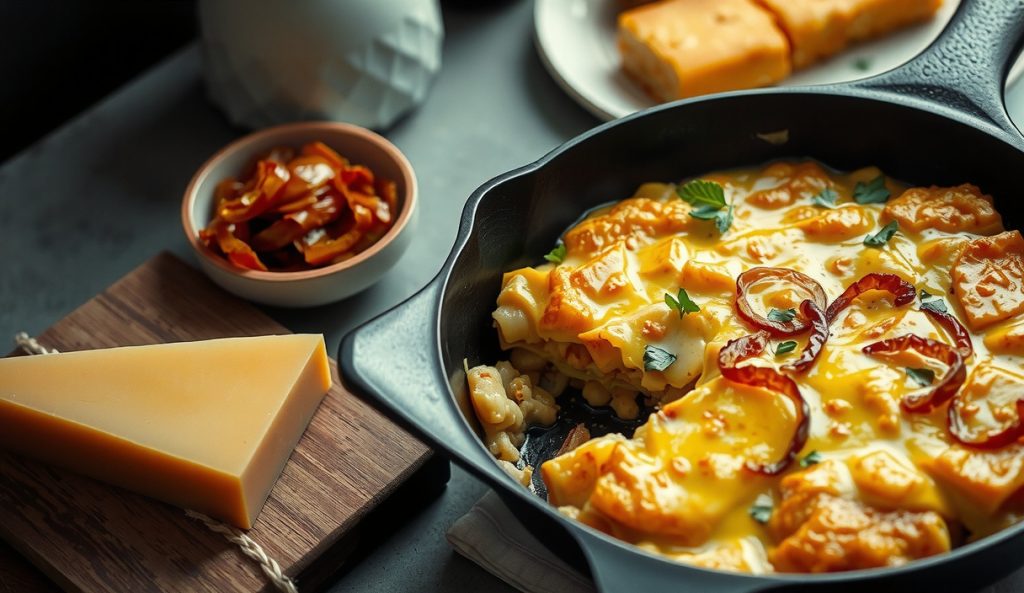Keto smoked cauliflower mac and cheese with aged Gruyère and caramelized onions, showing a deeply golden-brown crust with caramelized onion strands visible on top, a Gruyère wedge and onion pile staged alongside in a cast iron skillet.
