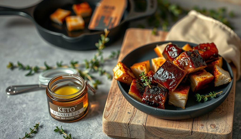 Keto pork belly burnt ends with dairy-free allulose glaze, refined coconut oil jar prominently displayed beside the plate, lacquered mahogany cubes glistening — no butter present.
