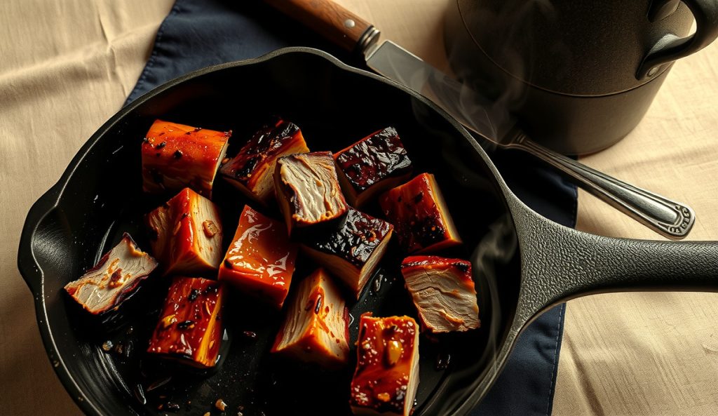 Keto pork belly burnt ends in a cast iron skillet with deep amber-brown allulose caramelized glaze, charred bark corners, and rendered tallow glistening inside each cube, steam rising from the hot skillet