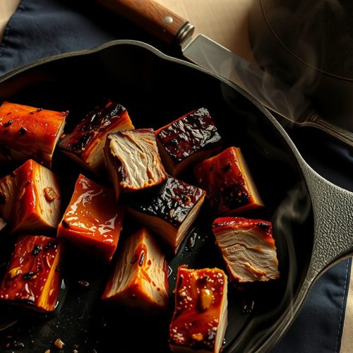 Keto pork belly burnt ends in a cast iron skillet with deep amber-brown allulose caramelized glaze, charred bark corners, and rendered tallow glistening inside each cube, steam rising from the hot skillet