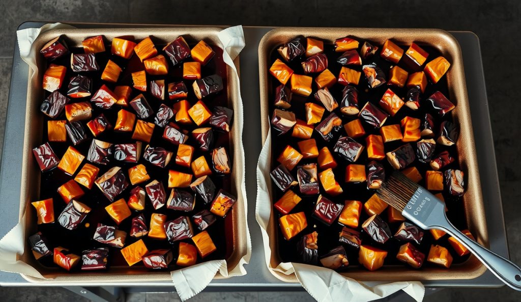 Two full sheet pans loaded with crowd-size batch of keto pork belly burnt ends, mahogany allulose glaze glistening across dozens of caramelized cubes, rising steam, scaling-up variant.