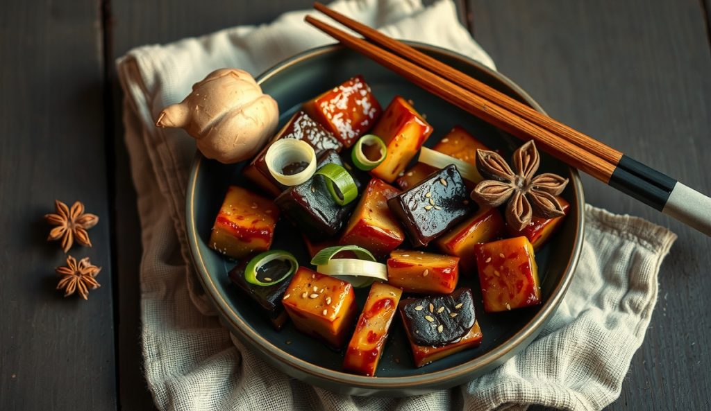 Soy-ginger Asian-inspired keto pork belly burnt ends on dark ceramic, deep coconut aminos and five-spice glaze, toasted sesame seeds, sliced scallion, fresh ginger root alongside — Korean-style variant.