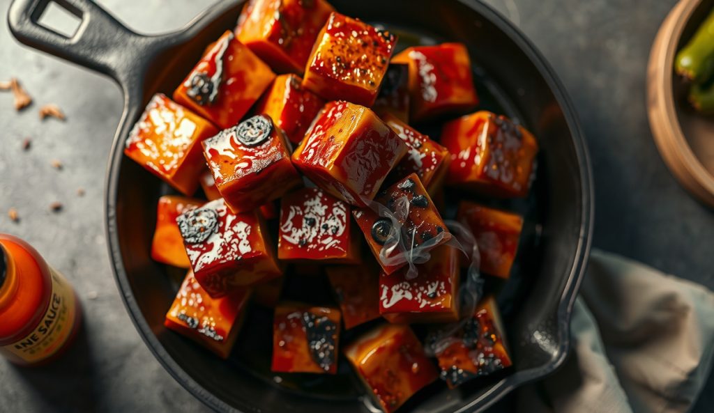 Spicy chipotle keto pork belly burnt ends in a blackened cast iron skillet, deep brick-red chipotle glaze with charred edges, dried chipotle pepper and keto hot sauce alongside — spicy variant.