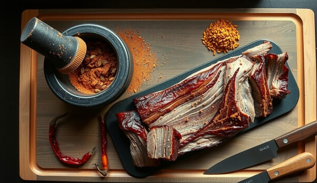 Keto chipotle-cumin Tex-Mex brisket rub in a dark ceramic mortar showing rust-red chipotle morita flecks and whole cumin seeds, with a freshly rubbed brisket flat on the butcher block and the Tex-Mex spice swap clearly staged.