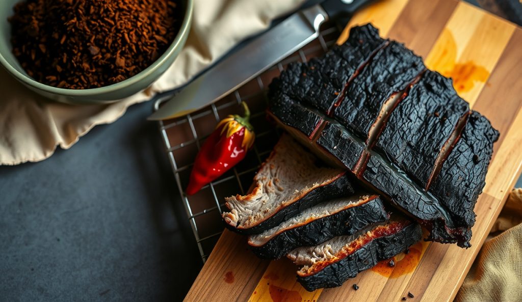 Keto coffee-ancho brisket rub in a shallow bowl showing near-black color from espresso grounds and ancho chile, with a sliced brisket flat displaying an exceptionally dark complex bark on a wire rack — pyrazine-layered crust in full view.