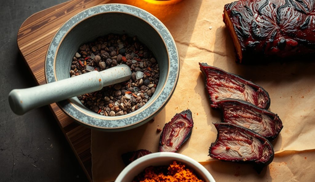 Mortar and pestle on a weathered butcher block filled with a coarse keto brisket rub of black pepper, smoked paprika, salt, and allulose crystals spilling over the edge, with a mahogany-barked brisket slice resting nearby