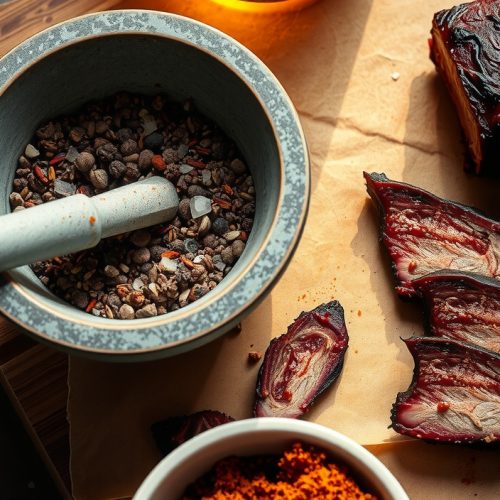 Mortar and pestle on a weathered butcher block filled with a coarse keto brisket rub of black pepper, smoked paprika, salt, and allulose crystals spilling over the edge, with a mahogany-barked brisket slice resting nearby