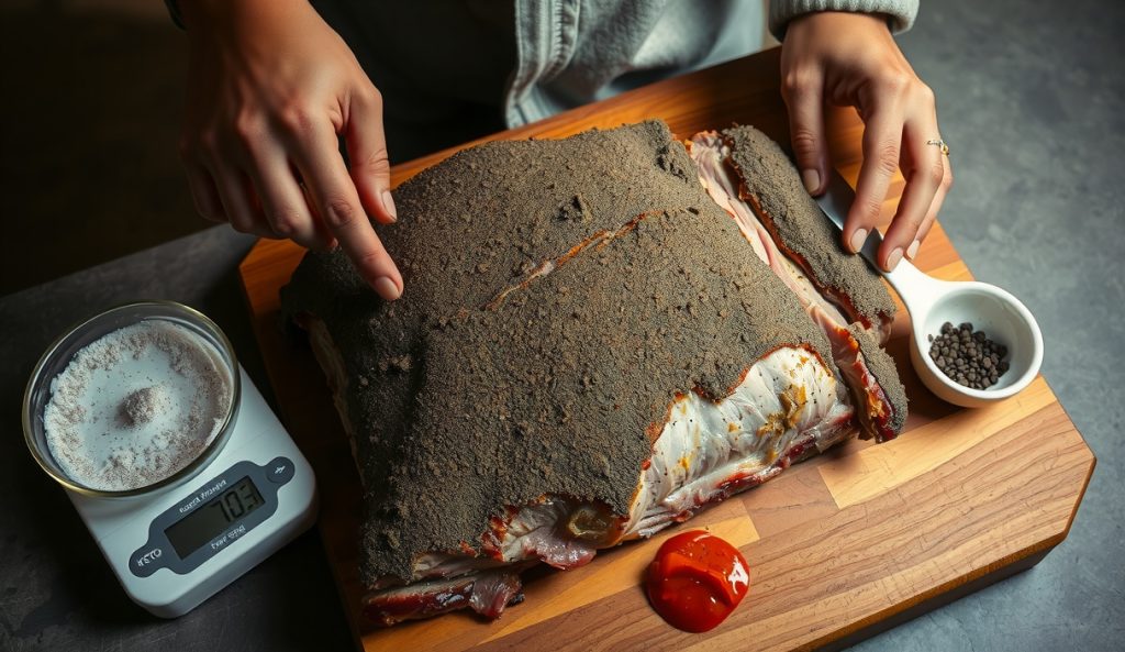 Scaling a keto no-sugar rub onto a massive 18-pound whole packer brisket, hands pressing uniform rub coverage across flat and point, digital scale and rub bowl visible — showing correct application rate for full-packer scale-up.