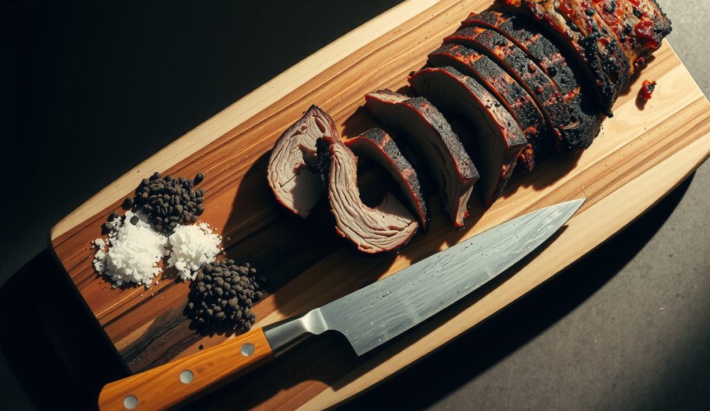 Texas minimalist keto brisket with a pure salt-and-pepper bark, sliced to reveal a deep smoke ring, with only coarse black pepper and kosher salt staged alongside — no other spices in frame, pure Central Texas style.
