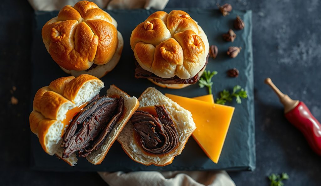 Keto smoked brisket sliders with chipotle cheddar cauliflower buns showing amber crust and visible cheddar threads, smoke ring on brisket, chipotle pepper alongside — spicy cheddar variant.