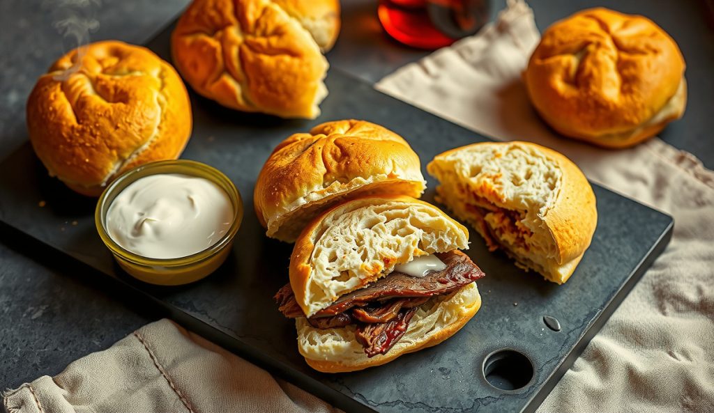Dairy-free keto smoked brisket sliders with egg-and-coconut-flour cauliflower buns holding firm shape, no dairy cheese present, vegan cheese alternative and coconut flour displayed alongside — dairy-free variant.