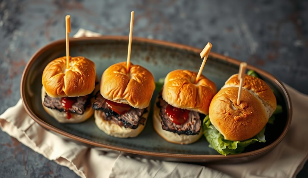 Four keto brisket sliders on a dark stoneware plate with golden cauliflower-mozzarella buns, thick mahogany-barked brisket slices showing a prominent glistening fat cap, keto BBQ sauce drizzle, and shredded lettuce