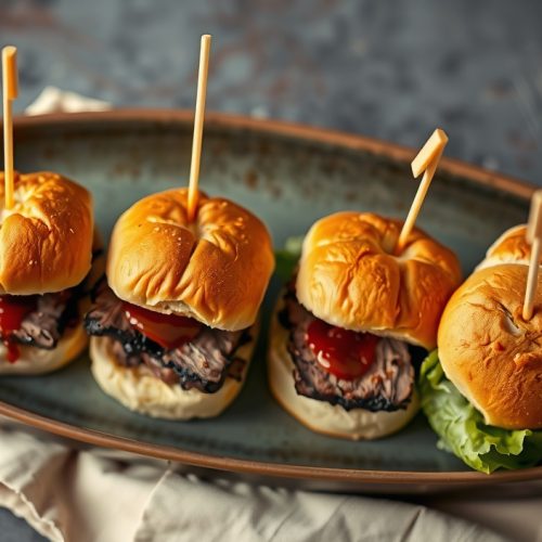 Four keto brisket sliders on a dark stoneware plate with golden cauliflower-mozzarella buns, thick mahogany-barked brisket slices showing a prominent glistening fat cap, keto BBQ sauce drizzle, and shredded lettuce