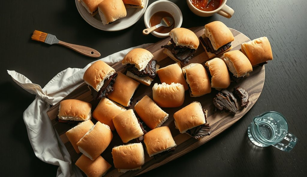 Party-size batch of keto smoked brisket sliders on cauliflower buns arranged in rows across a large wooden serving plank, make-ahead pre-sliced brisket container alongside — party size scaling variant.