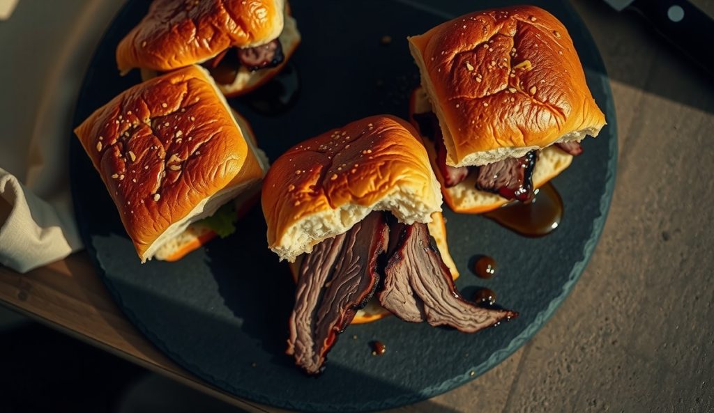 Keto smoked brisket point-cut-only sliders on dark slate, thick heavily marbled point slices with deep smoke ring and rendered fat pooling, raw point cut displayed alongside — point cut variant.