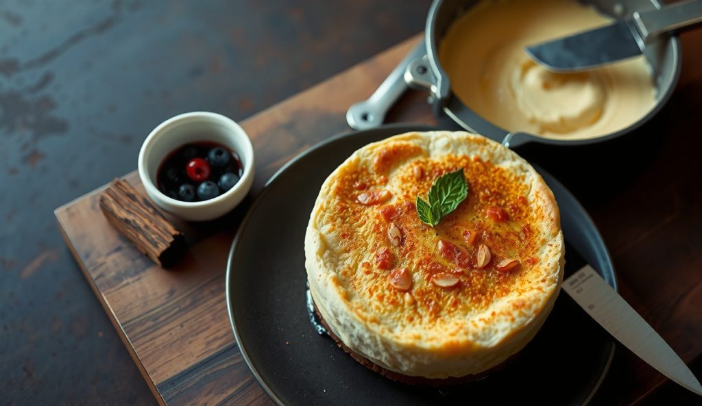 Keto smoked cheesecake made with lighter apple wood smoke showing a pale, delicately kissed surface with subtle golden tone, an apple wood chunk and berry compote staged alongside — gentler smoke profile visible versus heavier wood variants.