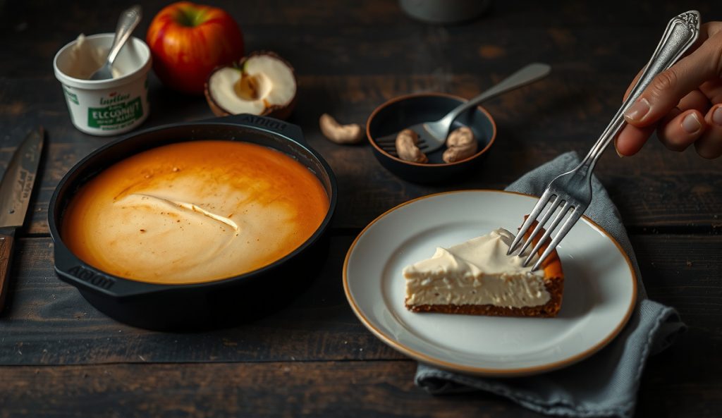 Dairy-free keto smoked cheesecake made with fermented cashew cream cheese and coconut cream solids, almond crust visible at slice edge, with cashews and a coconut cream container staged alongside — no dairy in frame, light smoke wisps rising.