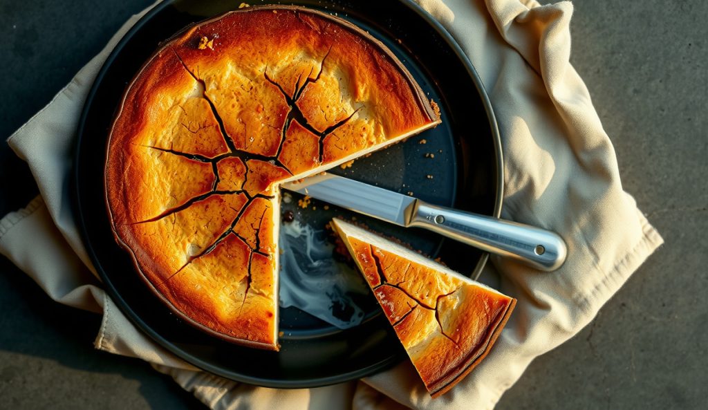 Keto smoked cheesecake on a dark stoneware plate with a cherry-wood smoke blush on the surface, rustic top cracks, a visible almond-flour crust at the slice edge, and a dense full-fat cream filling interior