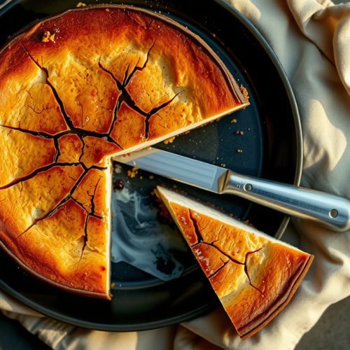 Keto smoked cheesecake on a dark stoneware plate with a cherry-wood smoke blush on the surface, rustic top cracks, a visible almond-flour crust at the slice edge, and a dense full-fat cream filling interior