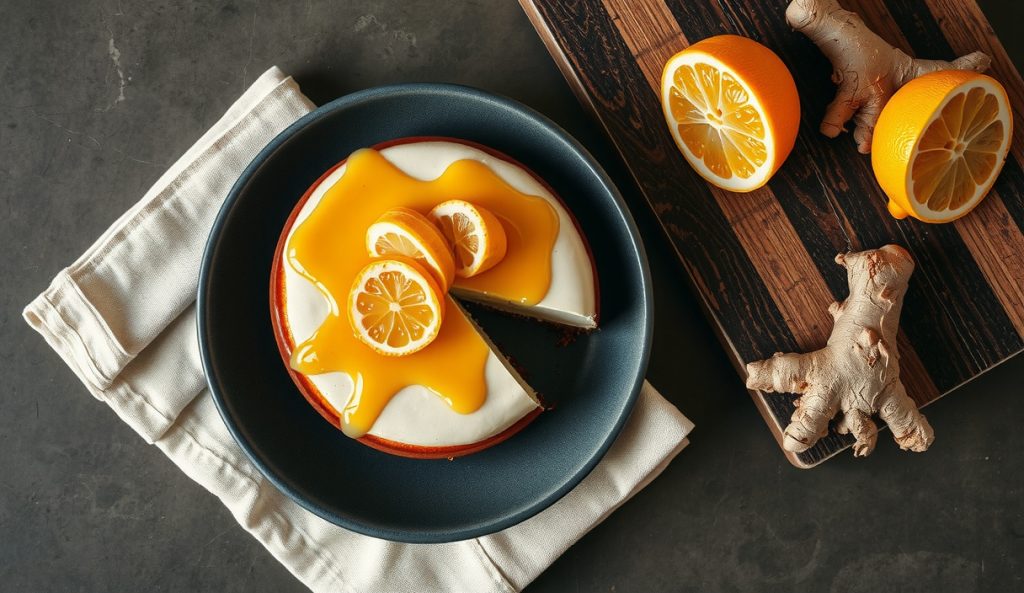 Keto smoked cheesecake with lemon-ginger finish, topped with sugar-free lemon curd pooling in glossy yellow on the pale cream surface, lemon zest curls scattered on top, fresh ginger root and lemon halves staged alongside on dark stoneware.