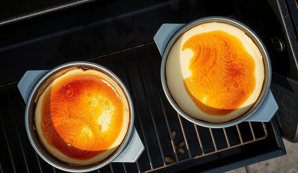 Two keto smoked almond-crust cheesecakes in separate 9-inch springform pans staged on a smoker rack at slightly different stages, light cherry smoke haze over both — showing the staggered production method for scaling up crowd-size batches.
