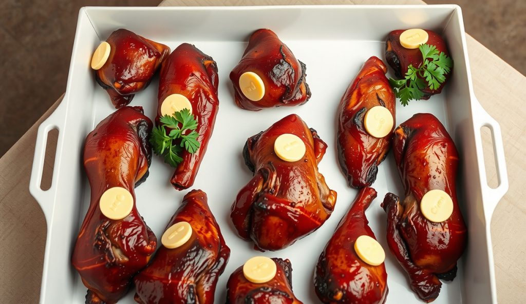Competition-scale keto smoked chicken thighs in a competition turn-in box, perfectly uniform rows with compound butter coins and candy-lacquer mahogany skin — competition build variant.
