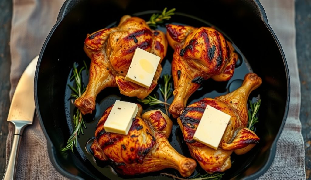 Four smoked bone-in chicken thighs in a cast iron skillet with crackled golden skin, garlic-herb compound butter melting visibly on the surface, fresh rosemary and thyme scattered, rendered fat pooling in the pan
