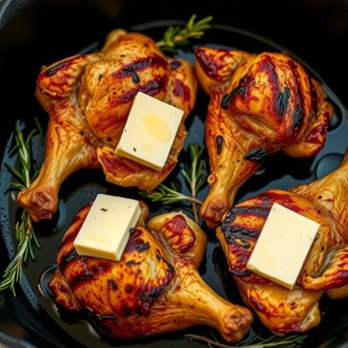 Four smoked bone-in chicken thighs in a cast iron skillet with crackled golden skin, garlic-herb compound butter melting visibly on the surface, fresh rosemary and thyme scattered, rendered fat pooling in the pan