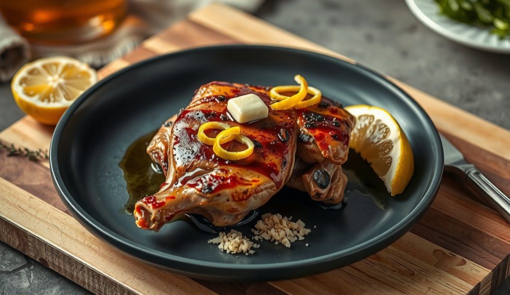 Keto smoked chicken thighs with lemon-herb and asiago compound butter melting over golden smoked skin, lemon zest curls and grated aged asiago visible — substitution variant.