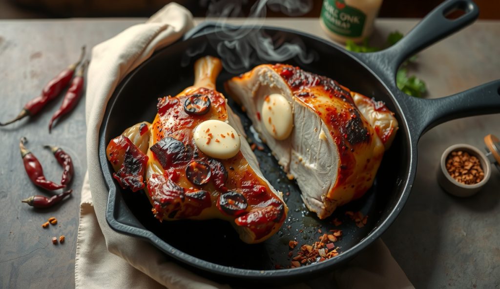 Spicy Cajun keto smoked chicken thighs in a cast iron skillet with deep cayenne-red spice crust, compound butter melting into bold bark, Cajun seasoning jar alongside — spicy Cajun variant.