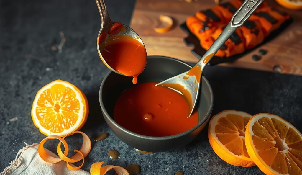 Citrus-forward Korean Gochujang BBQ Sauce poured into a ceramic bowl, halved yuzu and Meyer lemon beside it, brighter sauce hue than standard version, cedar plank with fish in background.