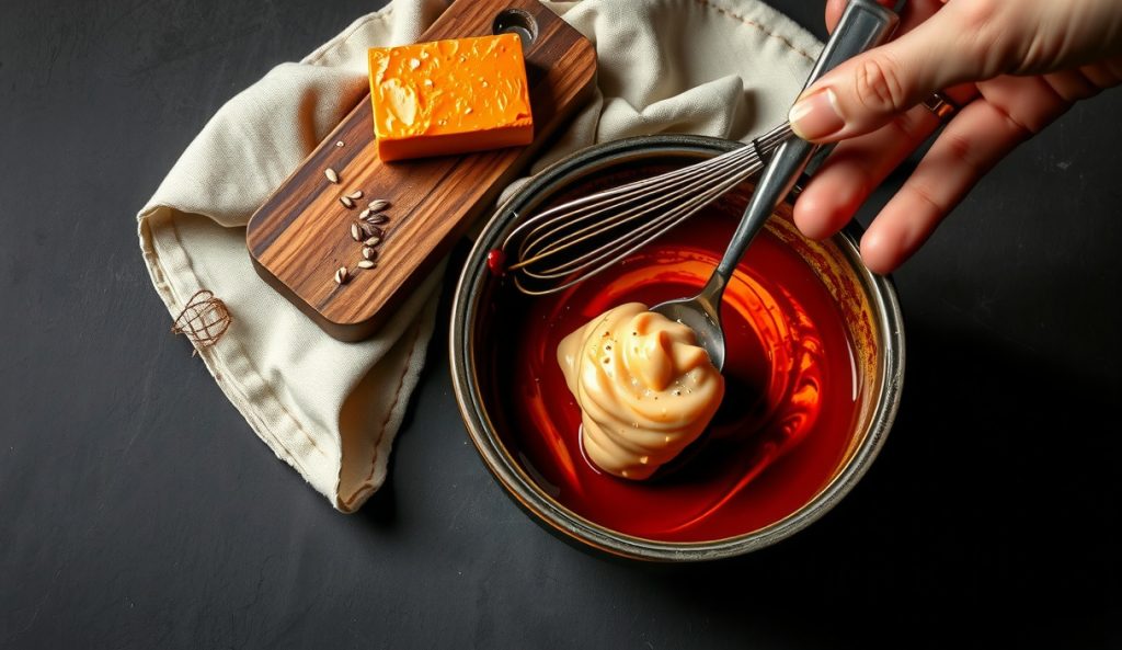 Deep Umami Korean Gochujang BBQ Sauce with white miso being whisked in, pale miso swirling into deep red sauce in a dark stoneware bowl, doenjang block on board beside it.