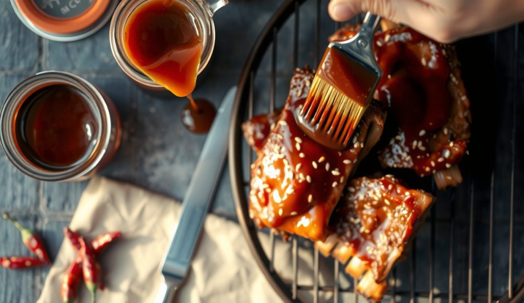 Three-quarter view of Korean gochujang BBQ sauce being brushed onto pork ribs on a wire rack, deep brick-red lacquer glaze with sesame seeds glistening, steam rising from the hot surface.
