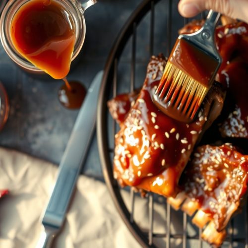 Three-quarter view of Korean gochujang BBQ sauce being brushed onto pork ribs on a wire rack, deep brick-red lacquer glaze with sesame seeds glistening, steam rising from the hot surface.