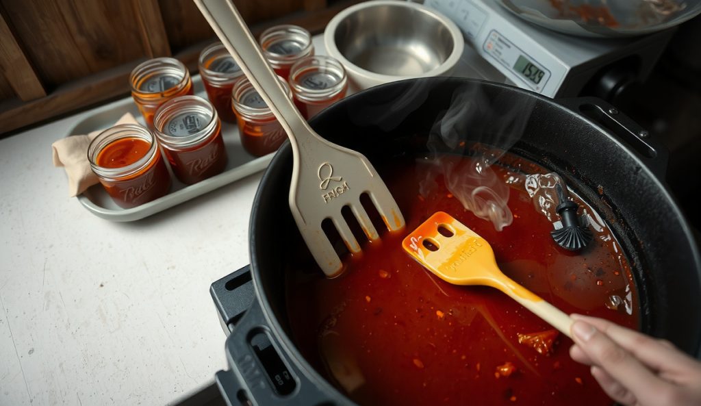 Production-scale Korean Gochujang BBQ Sauce in a large stockpot mid-reduction, multiple quart mason jars filled and lined up on stainless prep table, digital scale and steam visible.