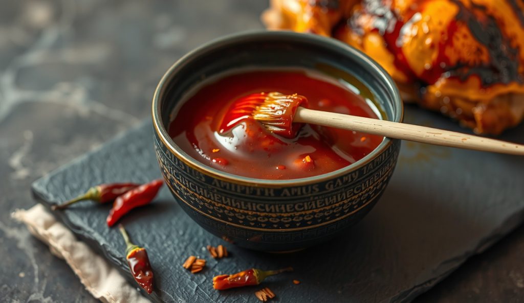 Extra-spicy Korean Gochujang BBQ Sauce with vivid gochugaru flakes heaped on the surface in a dark ceramic bowl, dried chiles on slate board, charred chicken thigh in background.