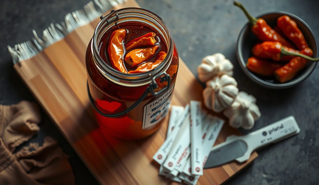 Fermentation jar filled with smoked Carolina Reaper peppers showing their distinctive tail shape, with garlic bulbs, pH strips, and nitrile gloves visible — the safety-aware extreme-heat fermented hot sauce build.