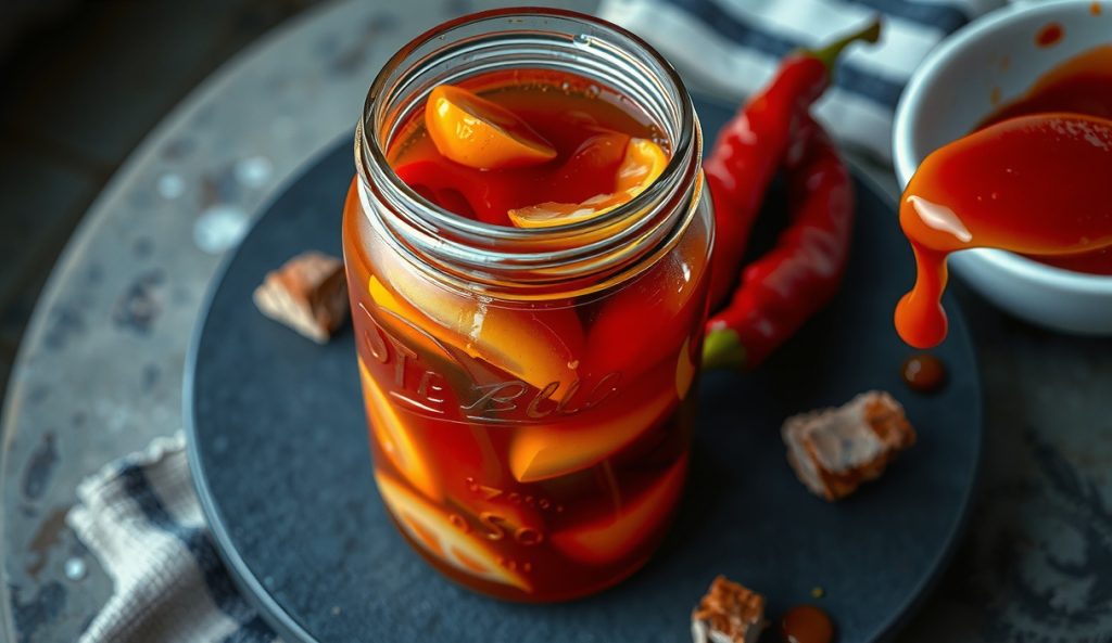 A mason jar of lacto-fermented smoked pepper hot sauce with cloudy brine and visible bubble suspension, submerged Fresno chiles showing color shift, condensation on glass, and a thin pour of finished rust-orange sauce.