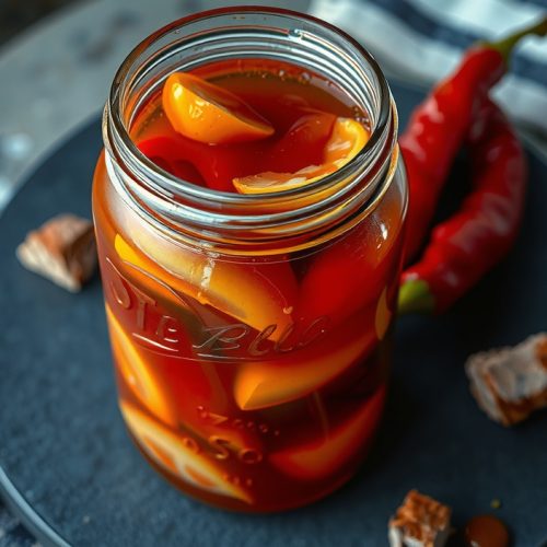 A mason jar of lacto-fermented smoked pepper hot sauce with cloudy brine and visible bubble suspension, submerged Fresno chiles showing color shift, condensation on glass, and a thin pour of finished rust-orange sauce.