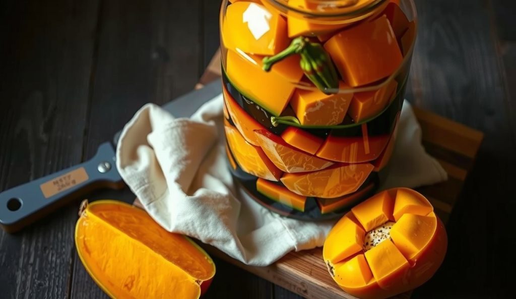 Habanero mango smoked hot sauce fermentation jar showing chunks of ripe golden mango and smoked habaneros fermenting together, with fresh mango halves and habaneros displayed alongside the active jar.